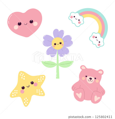 Cute kawaii set with rainbow, heart, teddy bear, flower and star. 125802411