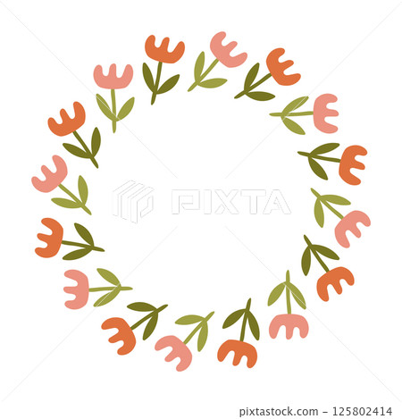 Tulip round frame. Vintage circle with simple flowers. 125802414