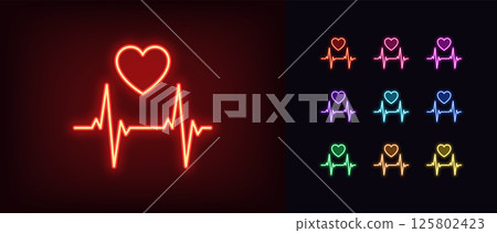Outline neon heart rate icon. Glowing neon heart rhythm icon, electrocardiogram graph. Heartbeat monitor, heart health care, pulse check, cardiogram data, sport cardio workout. Vector icon set 125802423