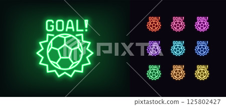 Outline neon goal icon. Glowing neon soccer ball hit with text Goal, football game icon. Soccer tournament, football match, kick ball and score, goal time, sport game, win penalty. Vector icon set 125802427
