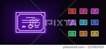 Outline neon certificate icon. Glowing neon diploma document icon, digital certificate. Official license, qualification certificate, grant, professional education degree achievement. Vector icon set 125802429