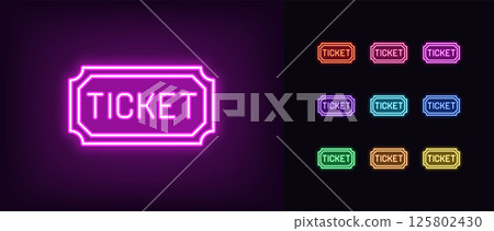 Outline neon ticket icon. Glowing neon cinema ticket with text, digital pass icon. Entrance ticket to sport event or music performance, party admission, early game pass, gift coupon. Vector icon set 125802430