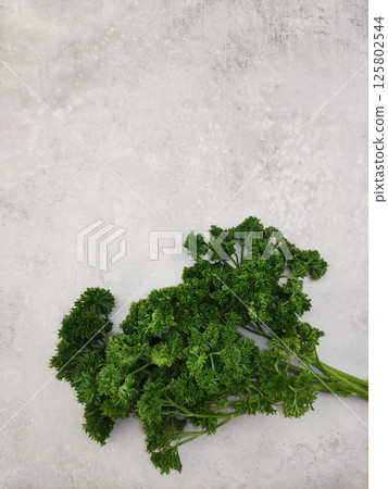 Fresh parsley sprigs resting on a textured surface copy space preparing vegetables for making soup 125802544