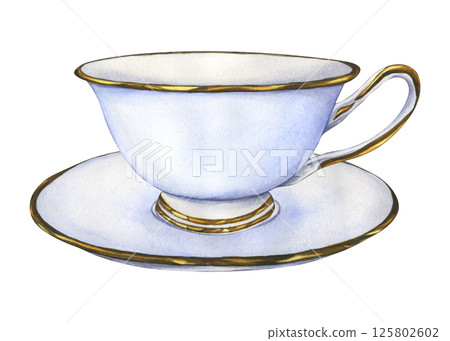 Ceramic porcelain cup and saucer. Watercolor hand drawn illustration of lite blue antique cup isolated on white background. Ornate gilded tea cup and saucer for english afternoon tea ceremony party Ceramic porcelain cup and saucer. Watercolor hand drawn illustration of lite blue antique cup isolated on white background. Ornate gilded tea cup and saucer for english afternoon tea ceremony party 125802602