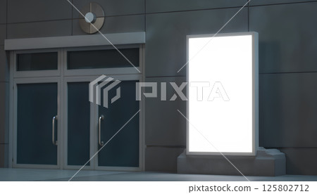 Blank white glowing pylon mockup, stand at dark night street exterior, 3d rendering. Empty ad display on background business center in darkness mock up. Clear city billboard near building. 125802712
