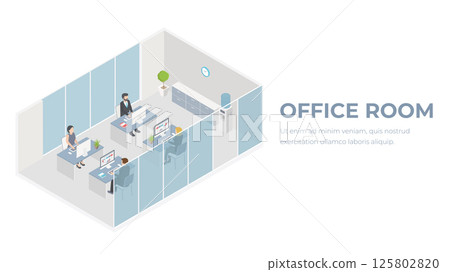 People workplace in office isometric design. Company employees man and woman team work together in comfortable modern cabinet. Business center floor interior inside with furniture. Vector illustration People workplace in office isometric design. Company employees man and woman team work together in comfortable modern cabinet. Business center floor interior inside with furniture. Vector illustration 125802820