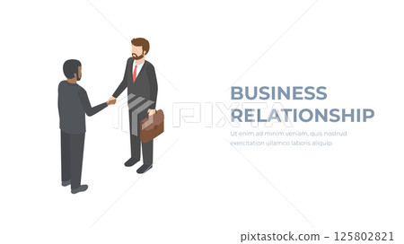Handshake businessmen isometric. Meeting businesspeople. Two human in suits with briefcase shake hand. Vector illustration 3d design isolated on white background. Professional people. Deal agreement. 125802821