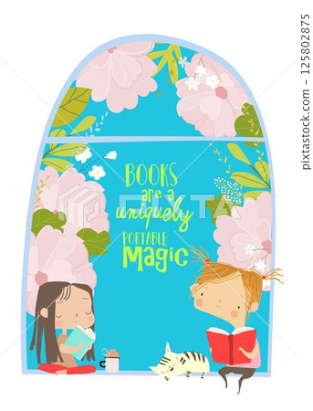 Cute girls reading book by the window Cute girls reading book by the window 125802875
