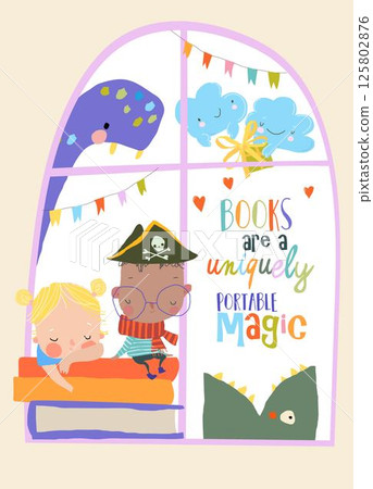Cute Cartoon Children sitting on Stack of Books on the Window Cute Cartoon Children sitting on Stack of Books on the Window 125802876