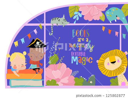 Cute Cartoon Children sitting on Stack of Books on the Window Cute Cartoon Children sitting on Stack of Books on the Window 125802877