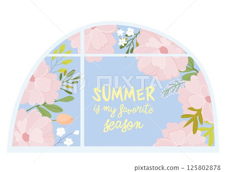 Summer open house window frame summer blossom, blooming flowers 125802878