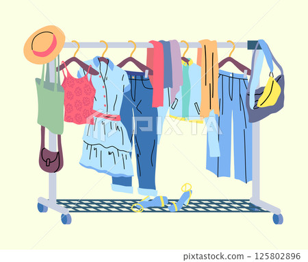 Cartoon Color Different Clothes Hanging on Rack Flat Design Style. . Vector illustration of Fashion Girl Wardrobe Concept 125802896