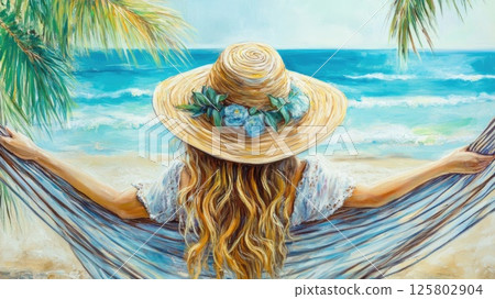 Summer vacations concept, young woman with blonde hair, hat relaxing in hammock on tropical beach 125802904