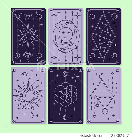 Cartoon Violet Reverse Cover Magical Tarot Deck Cards Set Mystic Prediction Concept Line Art Design Style. Vector illustration Cartoon Violet Reverse Cover Magical Tarot Deck Cards Set Mystic Prediction Concept Line Art Design Style. Vector illustration 125802937