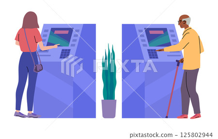 Cartoon Color Bank Characters Clients and Atm Cash Machine Concept Set Providing Banking Services Concept Flat Design Style. Vector illustration 125802944