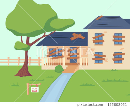 Cartoon Color Abandoned Cottage for Sale on a Lawn Scene Concept. Vector illustration of Old Dilapidated Suburban House Cartoon Color Abandoned Cottage for Sale on a Lawn Scene Concept. Vector illustration of Old Dilapidated Suburban House 125802951