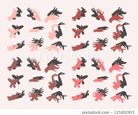 Cartoon Color Different Skin Tones Hand Shadow Puppets Set Concept Flat Design Style. Vector illustration of Hands Creating Various Shapes 125802955