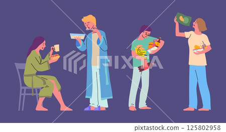 Cartoon Color Different Types Characters People and Night Snack Concept Flat Design Style. Vector illustration of Late Night Snacking Cartoon Color Different Types Characters People and Night Snack Concept Flat Design Style. Vector illustration of Late Night Snacking 125802958