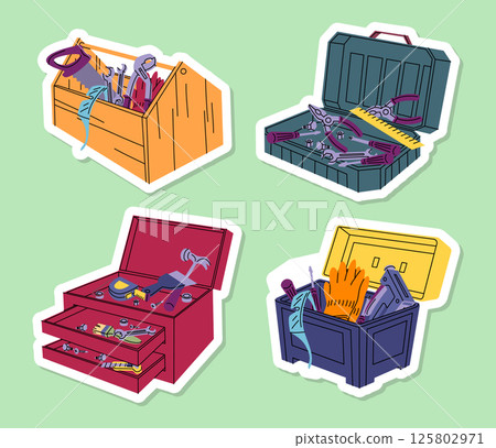 Cartoon Color Different Construction Toolkit Boxes Stickers Set Repair Master Implement Tool Box Concept Flat Design Style. Vector illustration of Toolbox Sticker 125802971