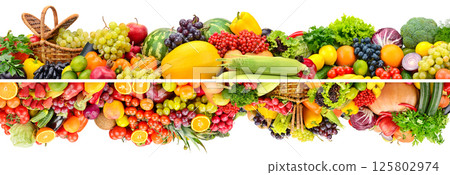 Beautiful fresh fruits, berries, vegetables isolated on white 125802974