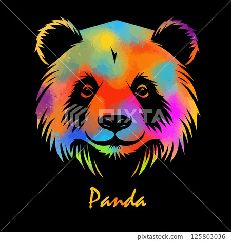 Panda colored head on black background. hand drawing. Not AI, Vector illustration 125803036