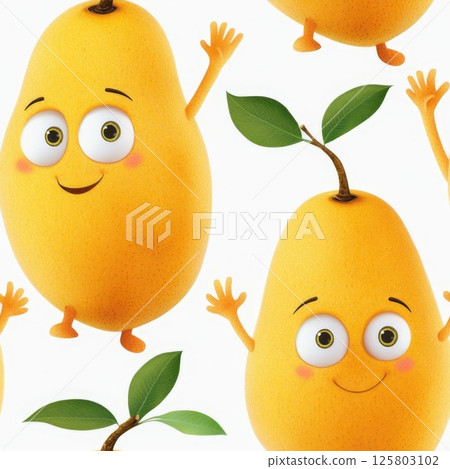 seamless pattern of smiling mangoes with big eyes on a white background. for printing on textiles, paper, wallpaper, packaging. 125803102