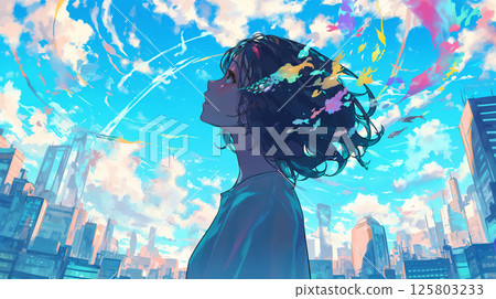 一個女人在城市裡仰望天空 一個女人在城市裡仰望天空 125803233