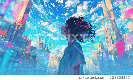 一個女人在城市裡仰望天空 125803235