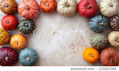 A collection of colorful decorative pumpkins on a light background. Generative AI 125803268