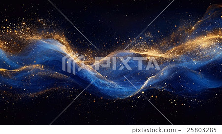Abstract image with blue and golden wavy lines on a dark background with golden sparkles. Generative AI 125803285
