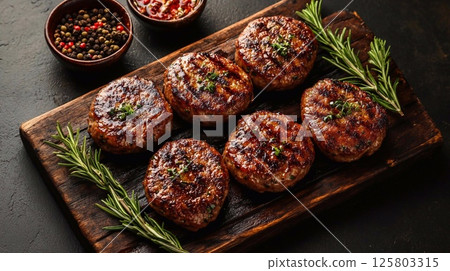 Ruddy and juicy grilled beef patties arranged on a rough wooden board with fragrant herbs and aromatic pepper. Generative AI 125803315