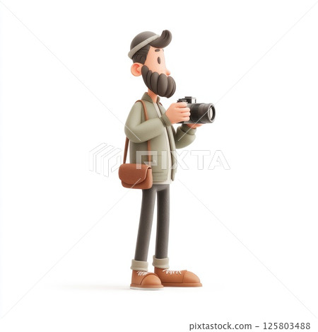 Cartoon photographer enjoying a moment with camera in hand while capturing memories in a serene outdoor setting Cartoon photographer enjoying a moment with camera in hand while capturing memories in a serene outdoor setting 125803488