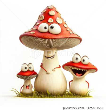 Three funny and whimsical fly agaric mushrooms with smiling faces enjoy a playful moment in a cheerful setting 125803540
