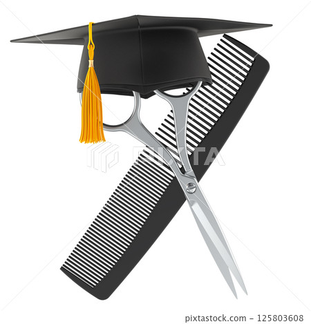 Hair Cutting Courses, Hairdressing Education, concept. Hair cutting scissors and comb crossed with graduation hat. 3D rendering 125803608