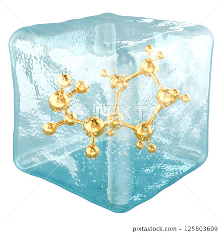 Molecule frozen in ice cube, 3D rendering 125803609