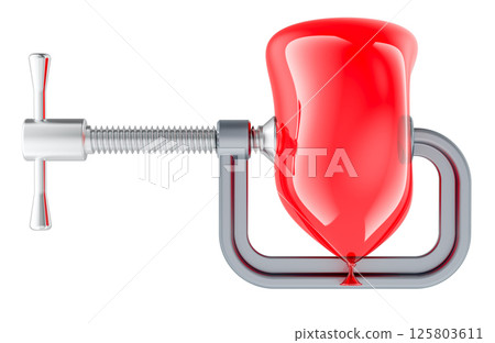 Party balloon with squeezing C clamp. Stress, diet or pressure, concept. 3D rendering Party balloon with squeezing C clamp. Stress, diet or pressure, concept. 3D rendering 125803611