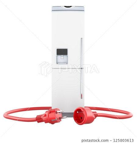 Refrigerator with Electric Plug and Socket disconnection. Power outage in home, concept. 3D rendering Refrigerator with Electric Plug and Socket disconnection. Power outage in home, concept. 3D rendering 125803613