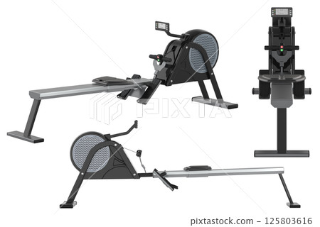 Rowing Machine, Magnetic Rower with LCD Monitor different front, top, side views. 3D rendering 125803616