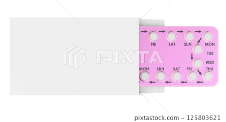 Blister of combined oral contraceptive pills inside packaging box, mockup template. 3D rendering Blister of combined oral contraceptive pills inside packaging box, mockup template. 3D rendering 125803621