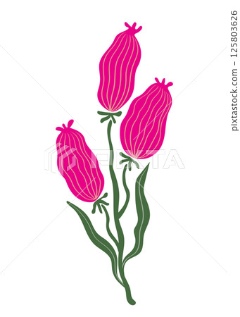 Minimalistic botanical illustration of pink buds and green leaves on white background Minimalistic botanical illustration of pink buds and green leaves on white background 125803626