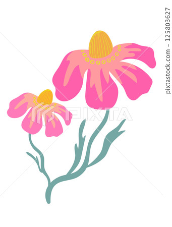 Modern and minimalist botanical illustration of pink flowers and green leaves on white background Modern and minimalist botanical illustration of pink flowers and green leaves on white background 125803627