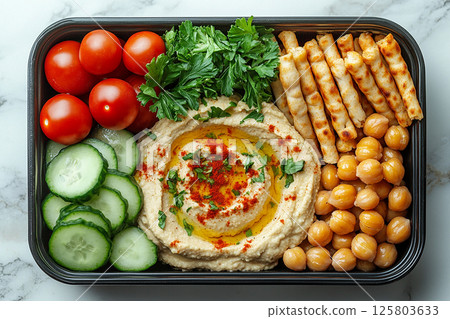 Plant based lunch box with hummus, roasted chickpeas, fresh veggie sticks and whole wheat pita bread on. 125803633