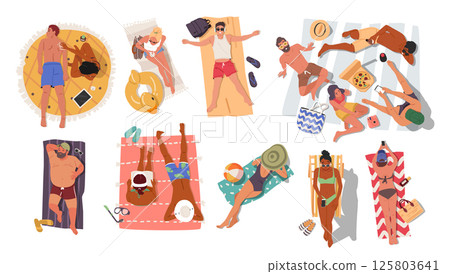 Diverse people characters sunbathing on beach alone or with friends isolated set on white background 125803641