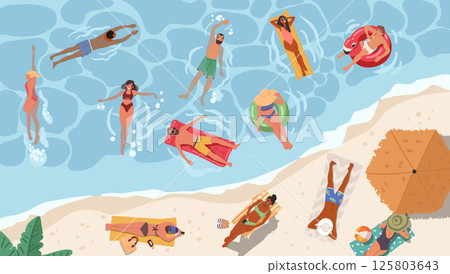 Diverse people tourist characters enjoying summer vacation at tropical sea beach cartoon scene Diverse people tourist characters enjoying summer vacation at tropical sea beach cartoon scene 125803643