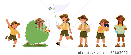 Kids safari adventure cartoon set with cute little explorer characters enjoying quest and trip 125803652