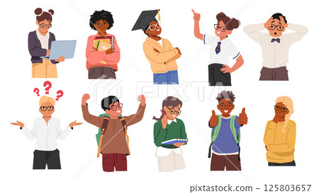 Smart kid nerd geek in glasses showcasing different emotions and gesture isolated set on white 125803657