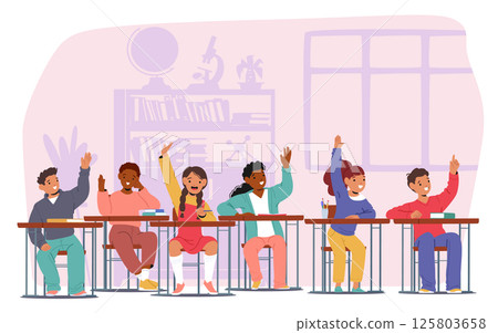 Children student characters raising hands up while sitting in classroom at school cartoon scene 125803658