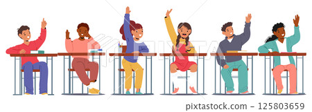 Experienced smart active children raising hands to answer on teacher question while sitting at desk Experienced smart active children raising hands to answer on teacher question while sitting at desk 125803659