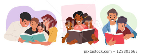 Portrait set with happy parents and kids sitting together and reading story book enjoying hobby 125803665