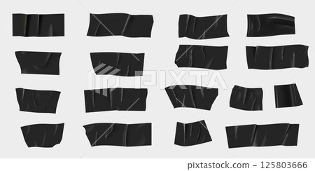 Set of horizontal different size black sticky tape, adhesive wrinkled pieces, vector realistic torn glued duct tape Set of horizontal different size black sticky tape, adhesive wrinkled pieces, vector realistic torn glued duct tape 125803666